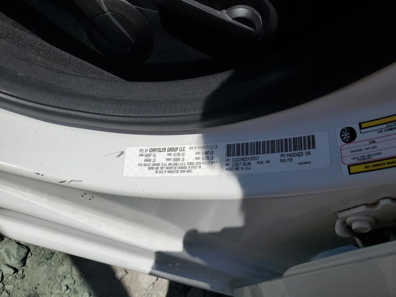 2014 Dodge Avenger Se VIN: 1C3CDZAB2EN187617 Lot: 58726874