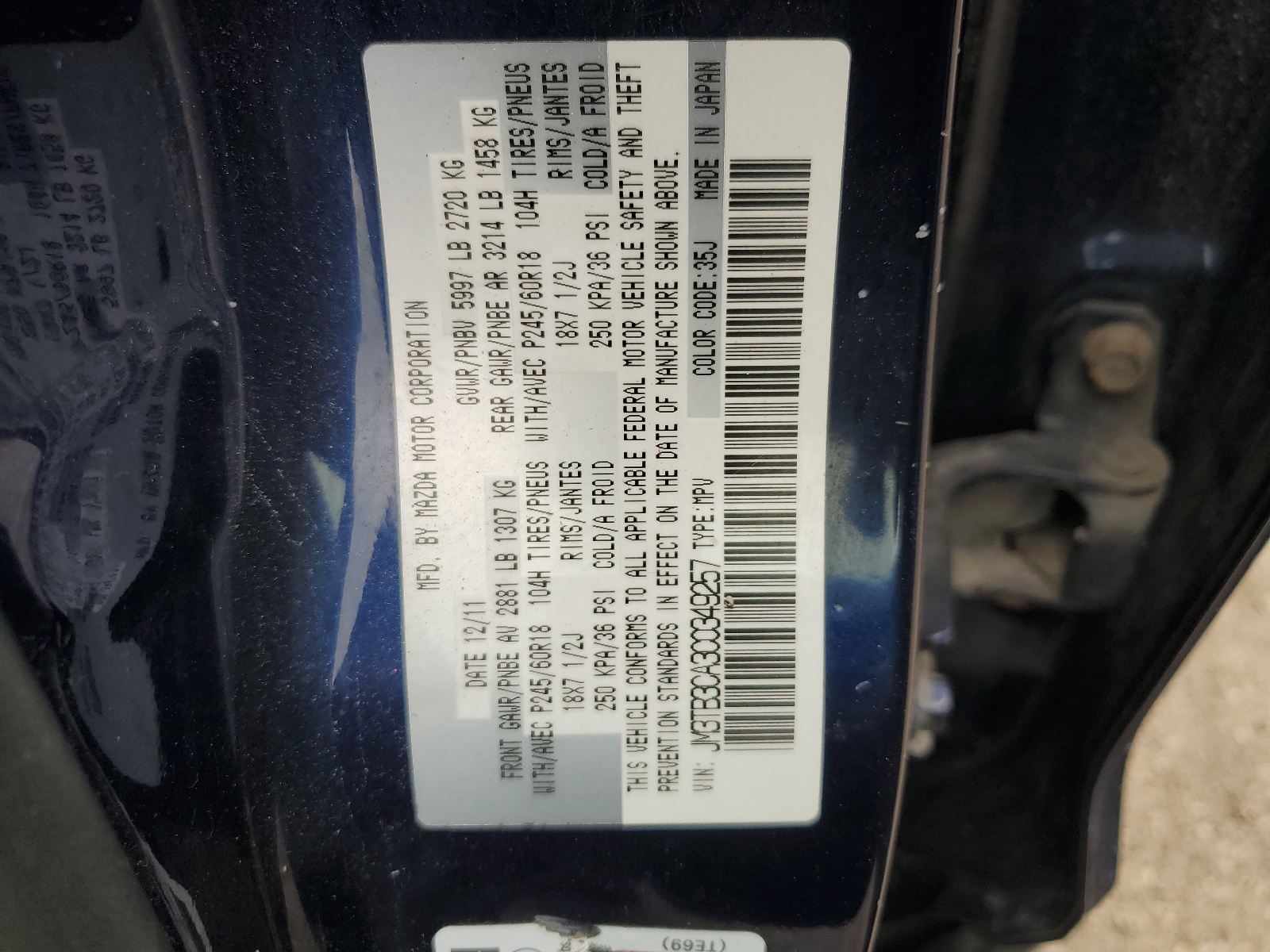 JM3TB3CA3C0349257 2012 Mazda Cx-9