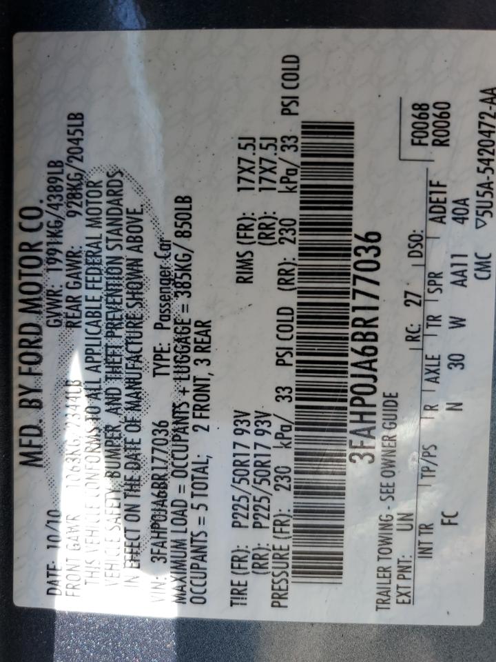 2011 Ford Fusion Sel VIN: 3FAHP0JA6BR177036 Lot: 60647014