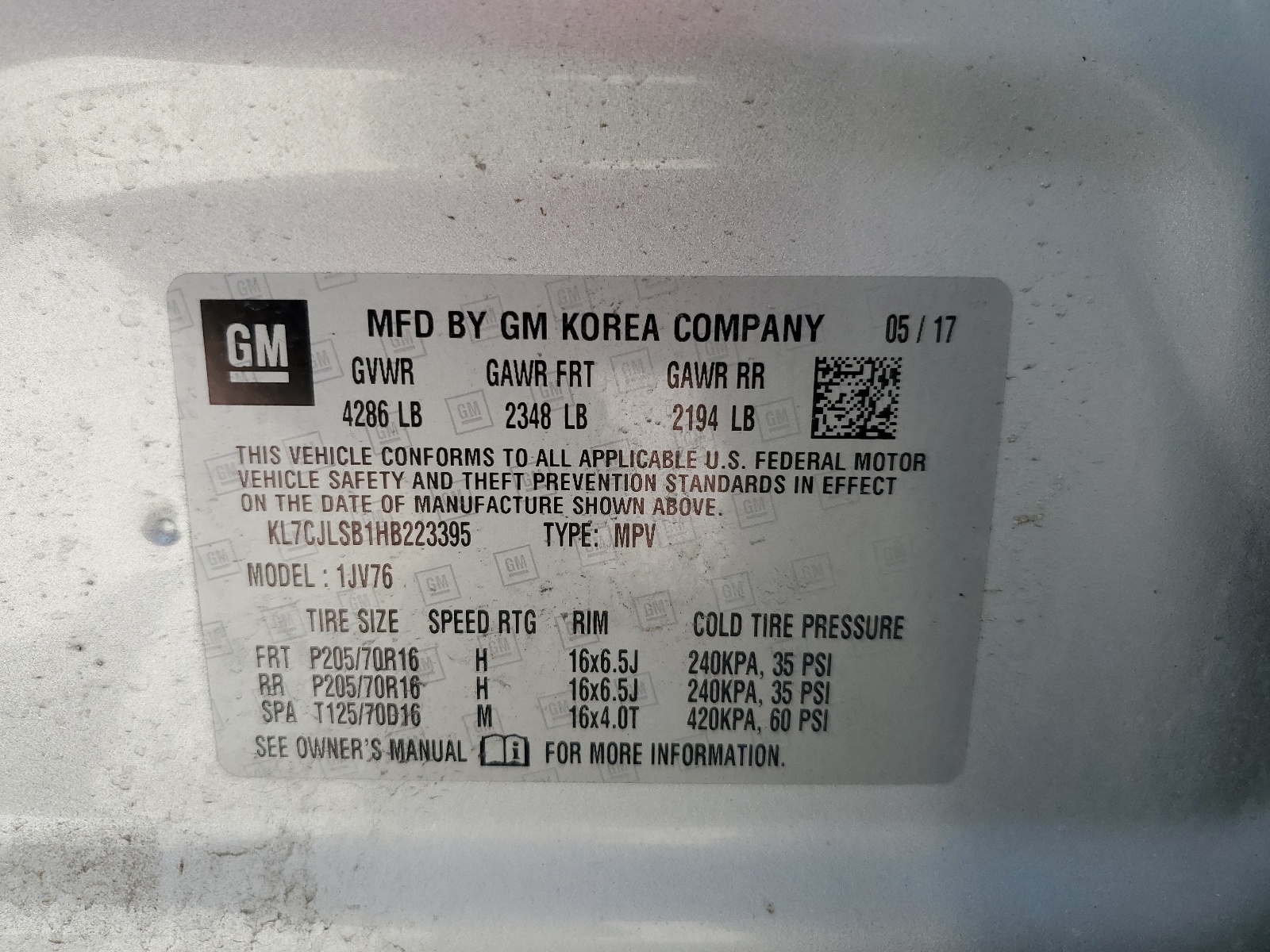 KL7CJLSB1HB223395 2017 Chevrolet Trax 1Lt