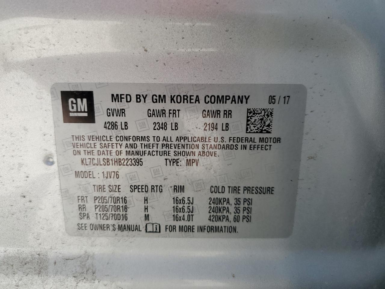 2017 Chevrolet Trax 1Lt VIN: KL7CJLSB1HB223395 Lot: 59969784