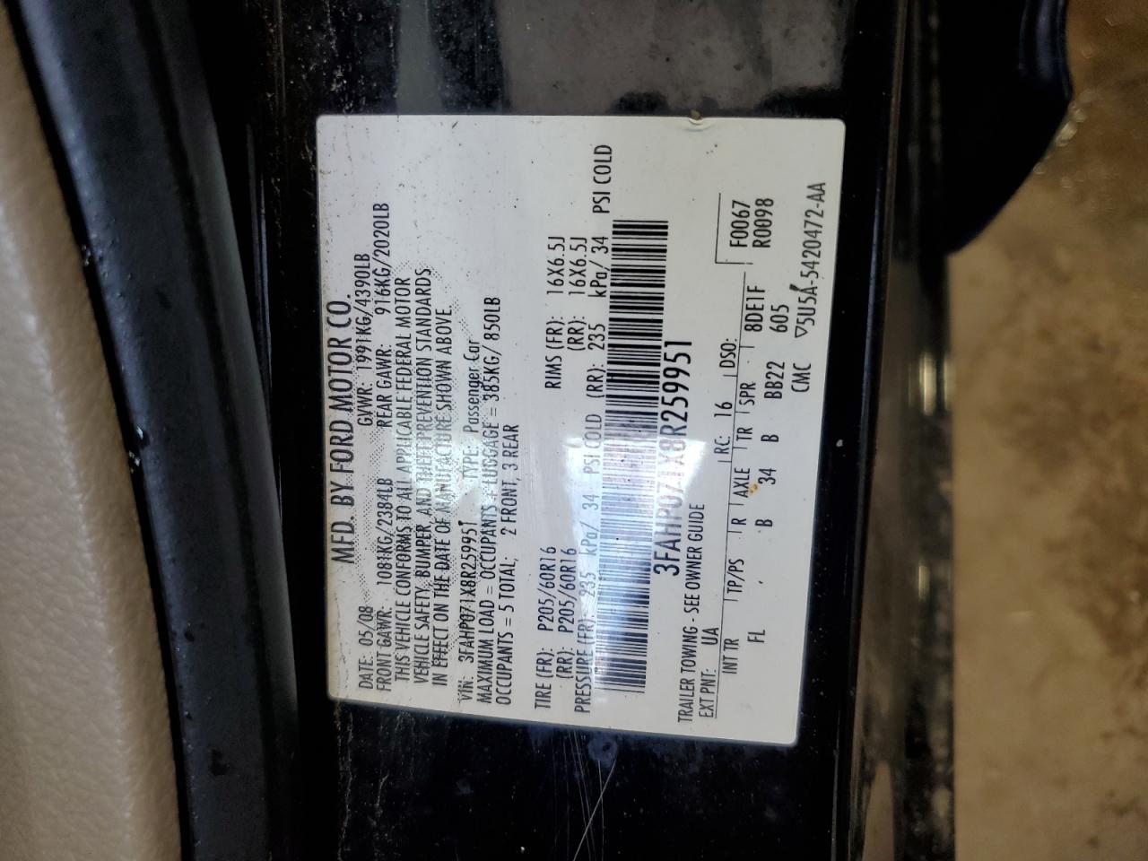 2008 Ford Fusion Se VIN: 3FAHP071X8R259951 Lot: 61062844