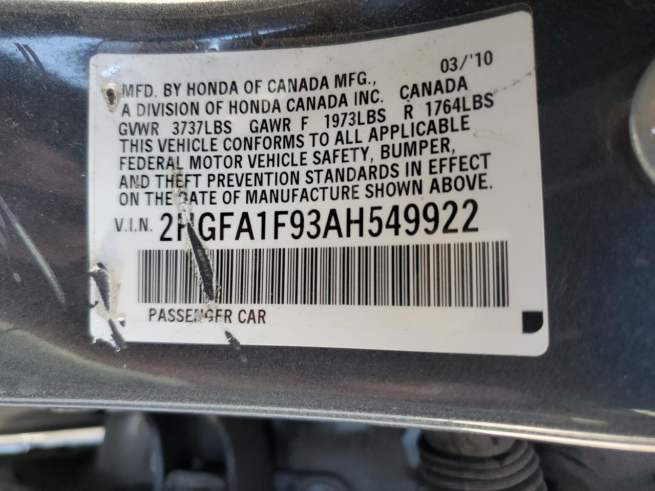 2010 Honda Civic Exl VIN: 2HGFA1F93AH549922 Lot: 58271944