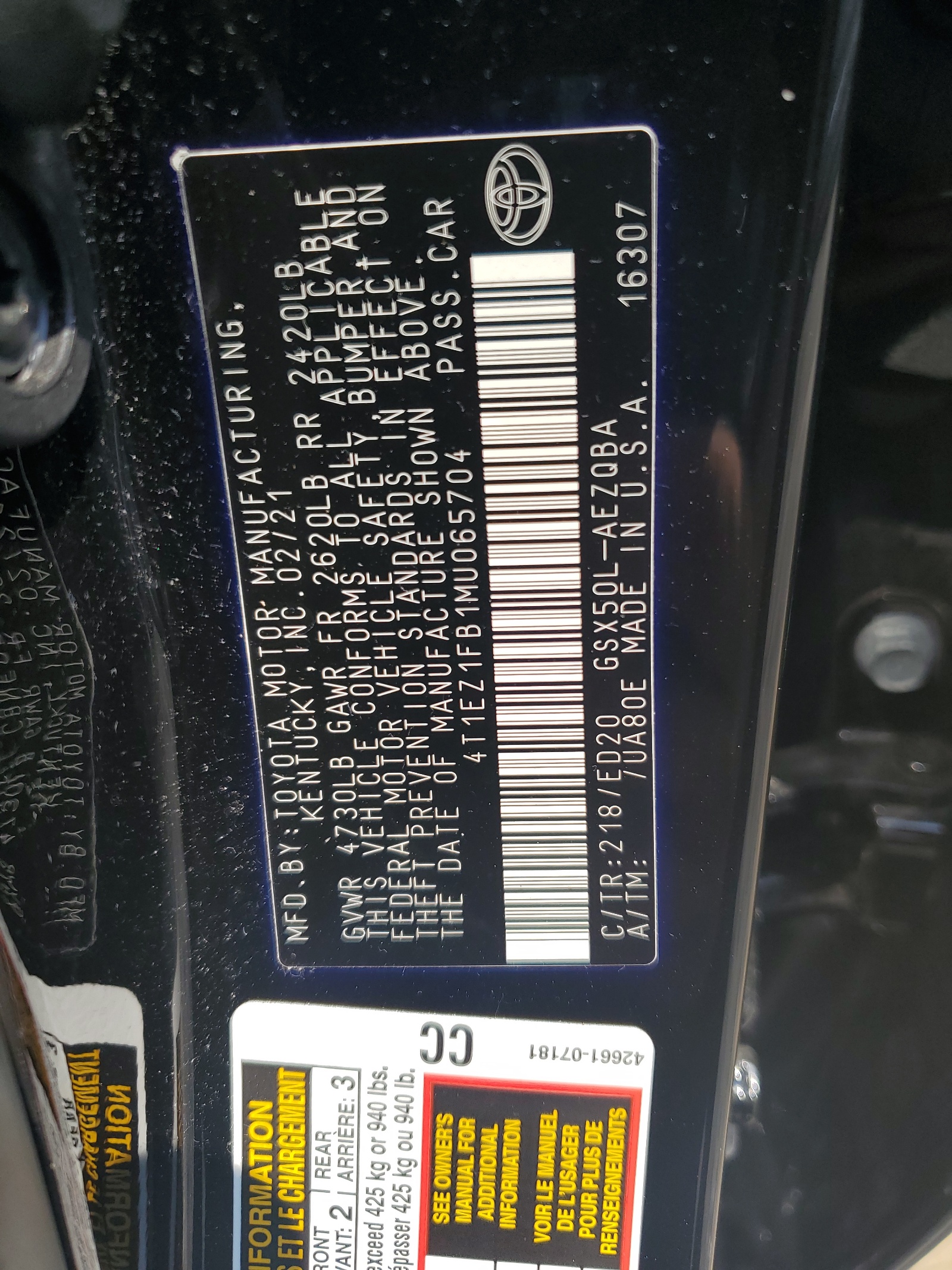 4T1EZ1FB1MU065704 2021 Toyota Avalon Night Shade