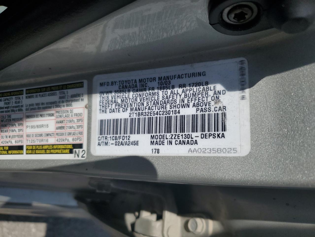 2004 Toyota Corolla Ce VIN: 2T1BR32E54C230184 Lot: 61300704