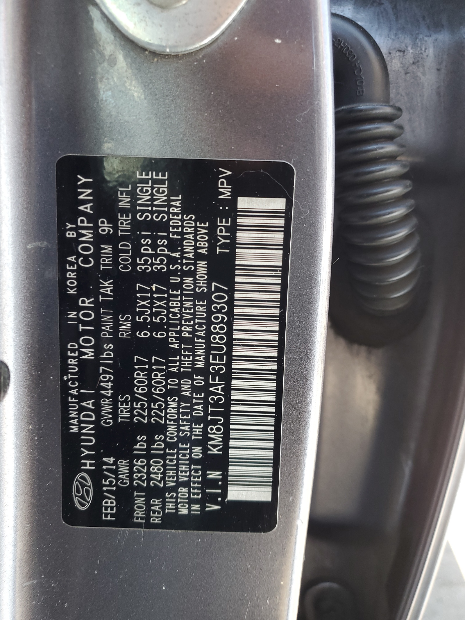 KM8JT3AF3EU889307 2014 Hyundai Tucson Gls