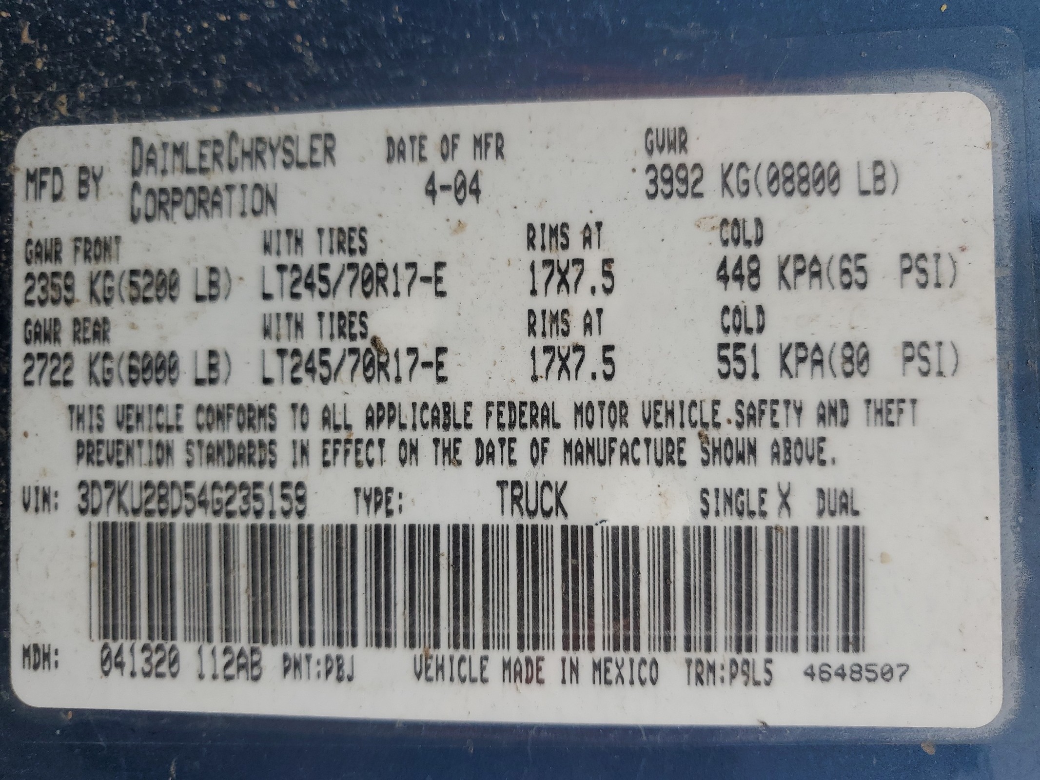 3D7KU28D54G235159 2004 Dodge Ram 2500 St