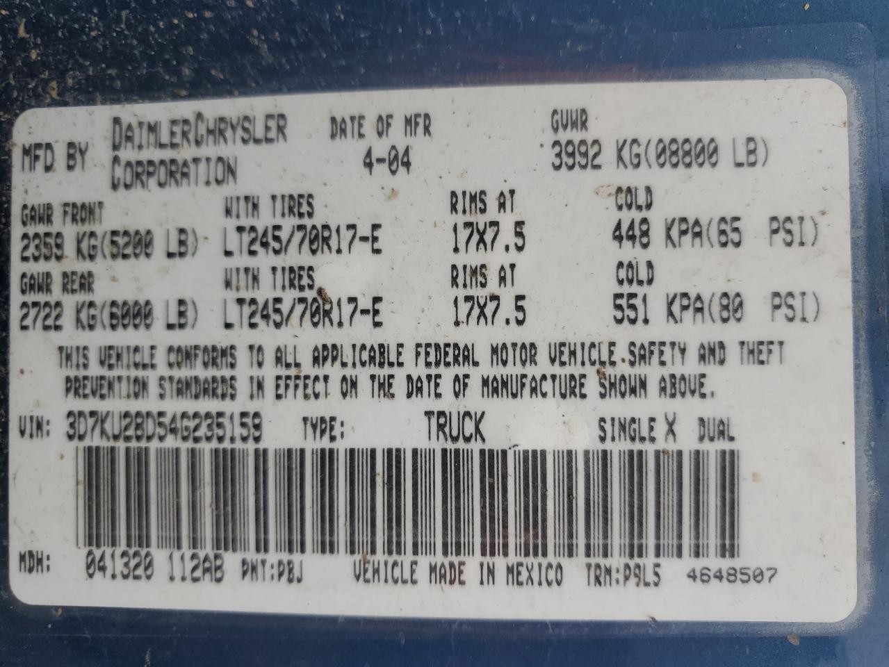 2004 Dodge Ram 2500 St VIN: 3D7KU28D54G235159 Lot: 57278514