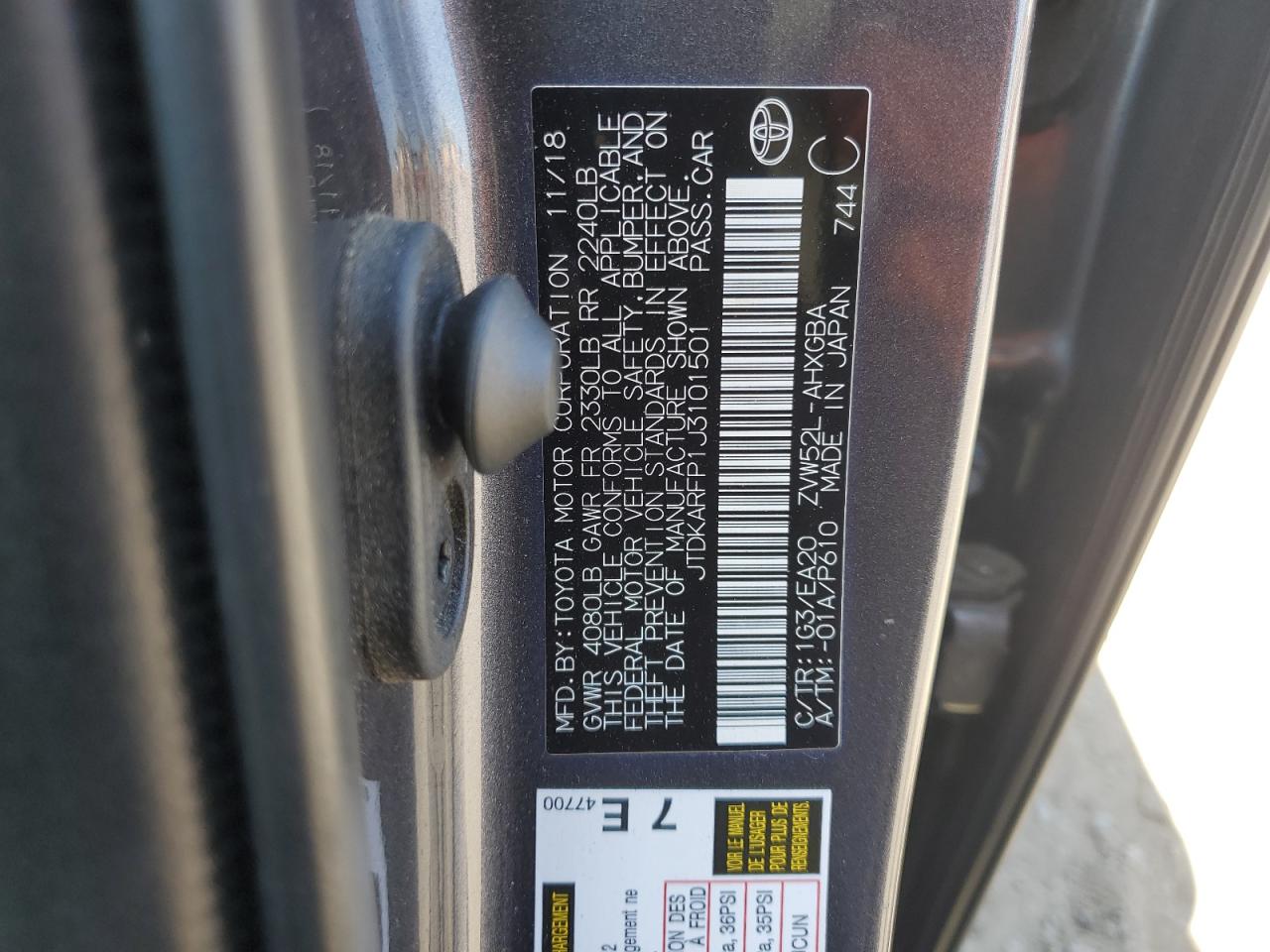 2018 Toyota Prius Prime VIN: JTDKARFP1J3101501 Lot: 59370184