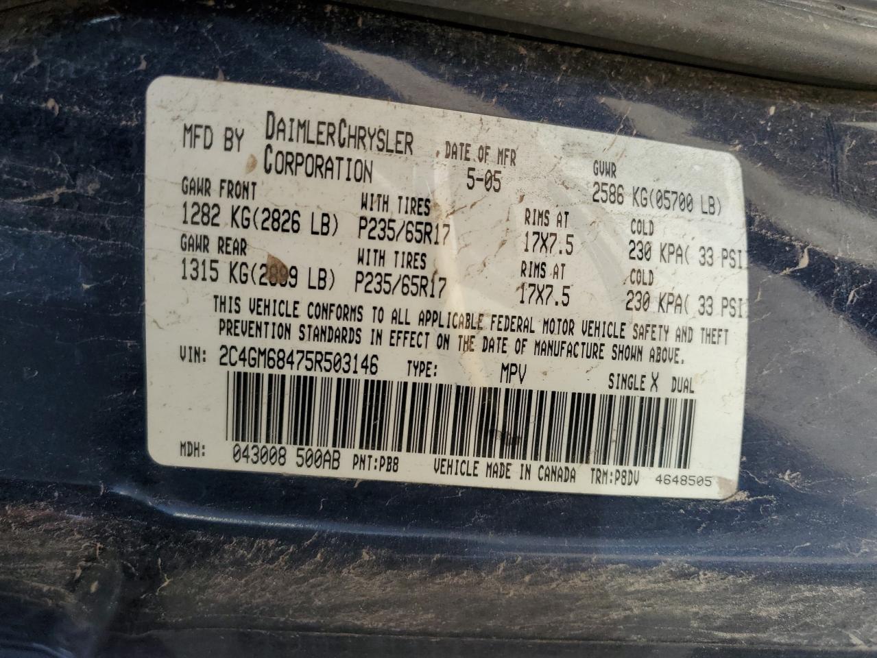 2005 Chrysler Pacifica Touring VIN: 2C4GM68475R503146 Lot: 55770394