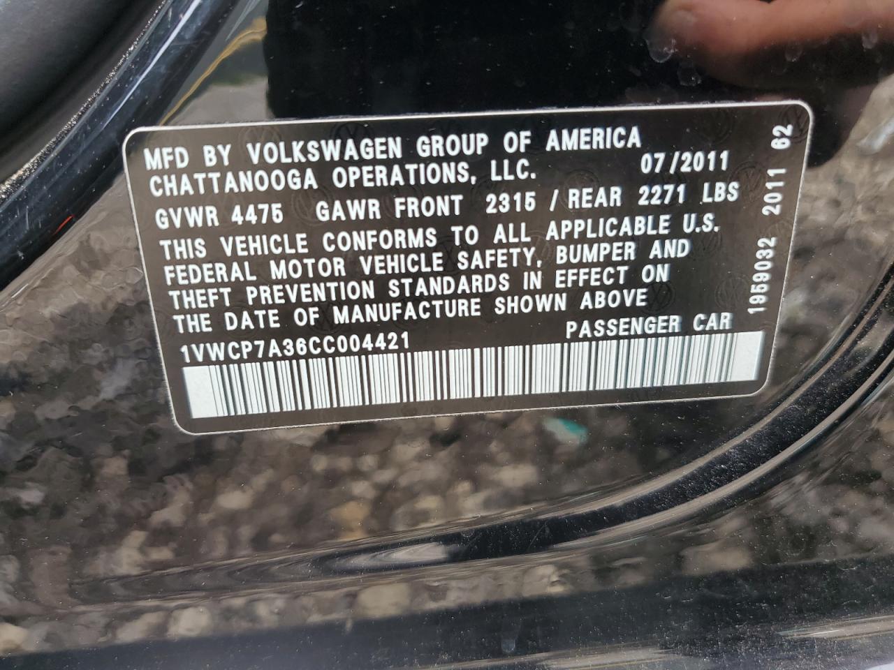 2012 Volkswagen Passat Sel VIN: 1VWCP7A36CC004421 Lot: 57641994