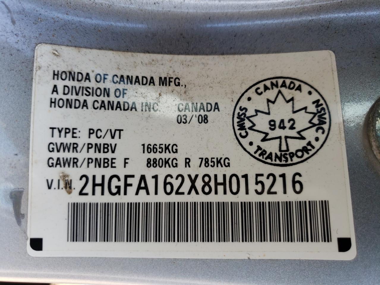 2008 Honda Civic Dx VIN: 2HGFA162X8H015216 Lot: 59114544