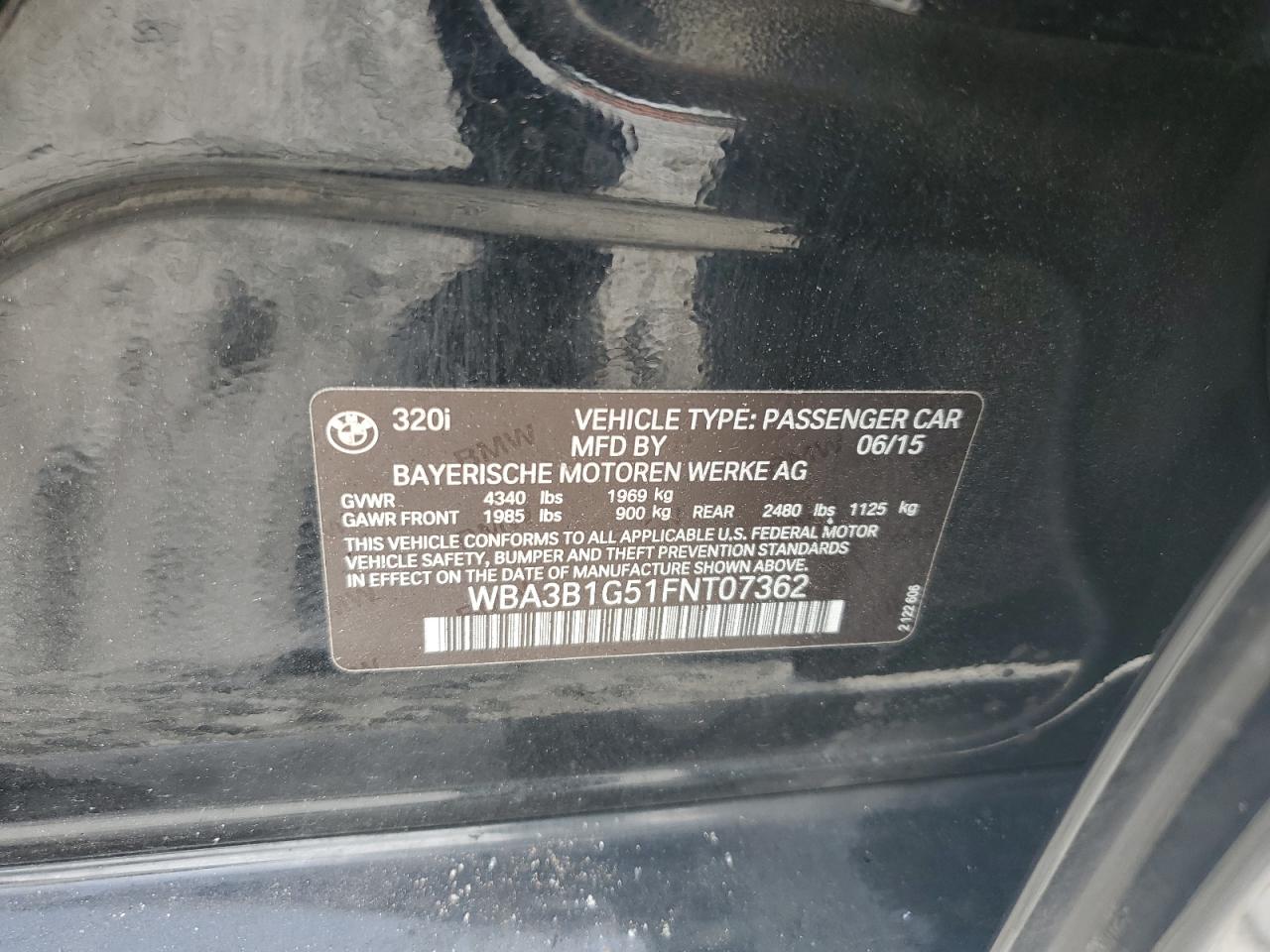 2015 BMW 320 I VIN: WBA3B1G51FNT07362 Lot: 58135844