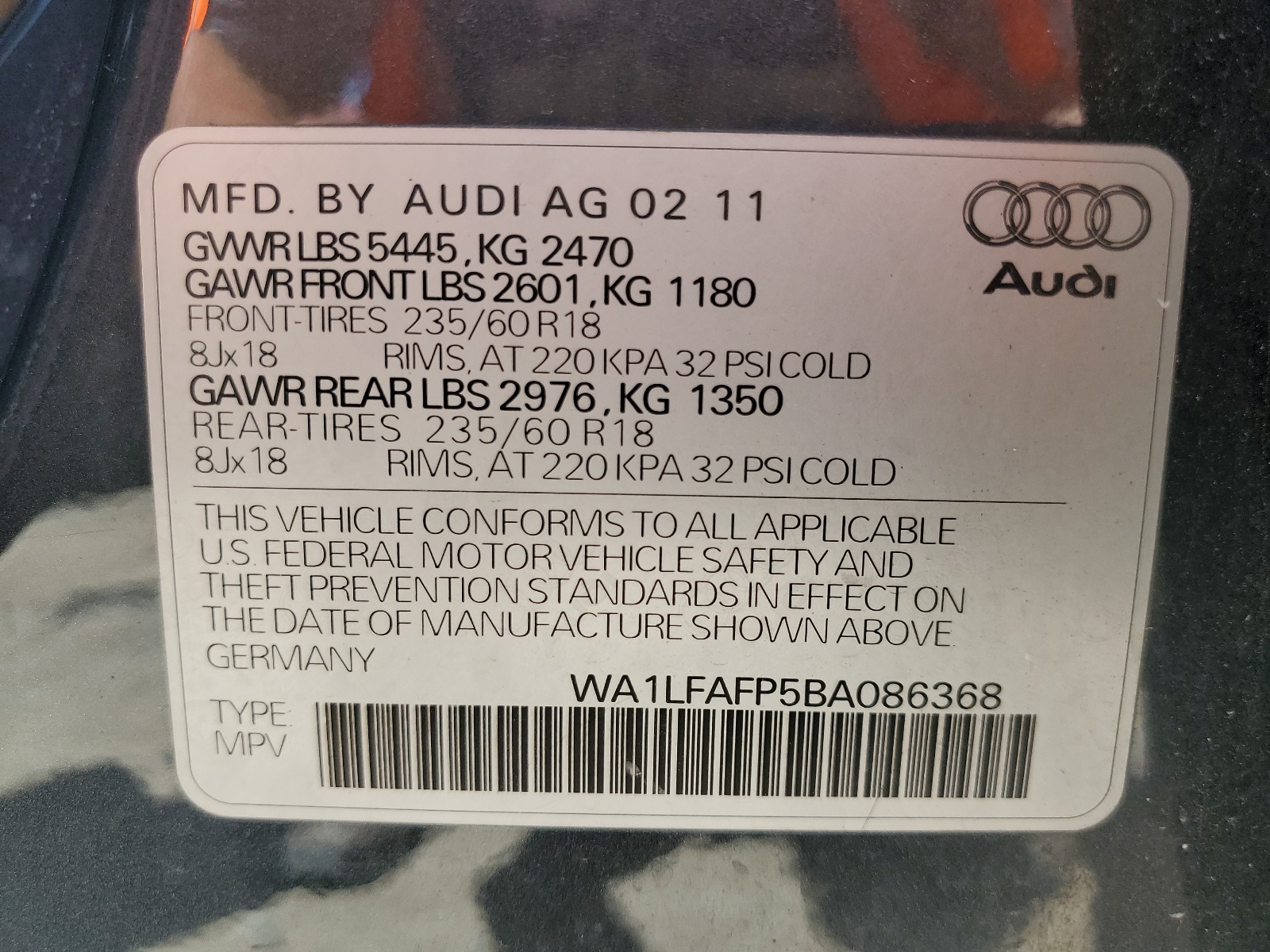 WA1LFAFP5BA086368 2011 Audi Q5 Premium Plus