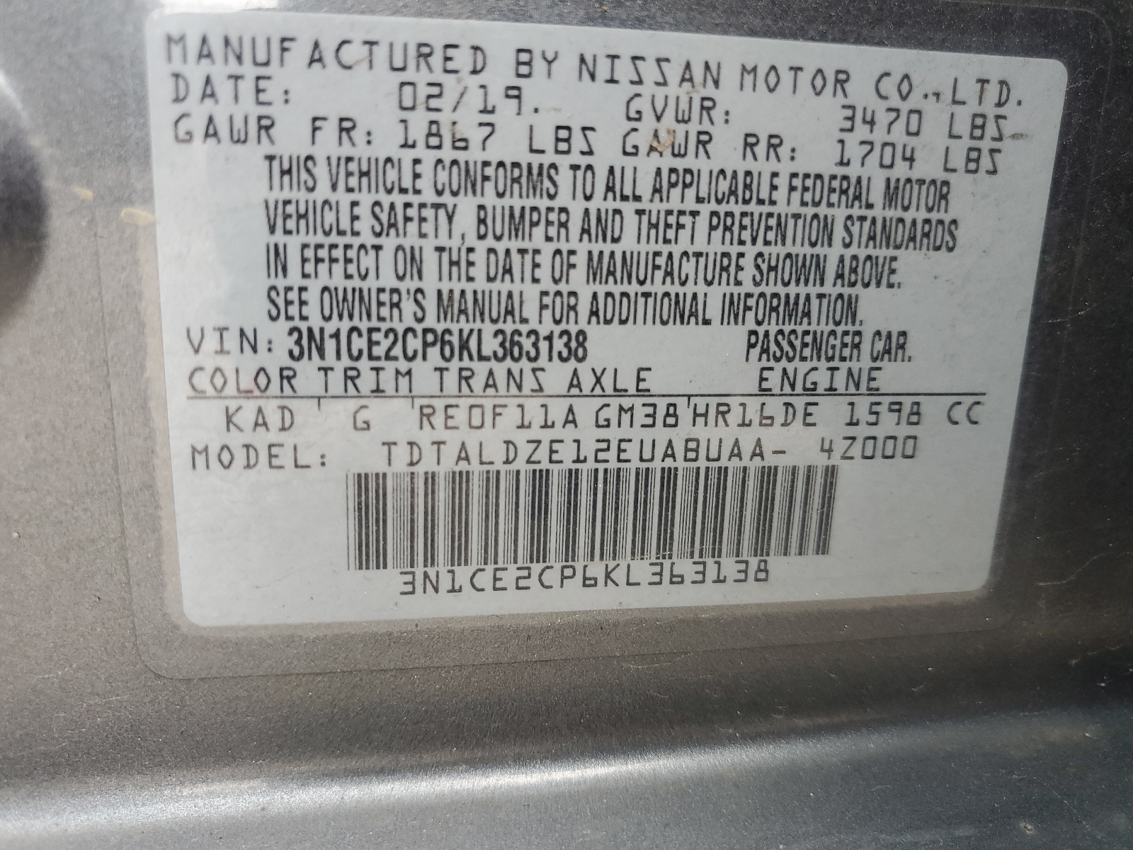 3N1CE2CP6KL363138 2019 Nissan Versa Note S