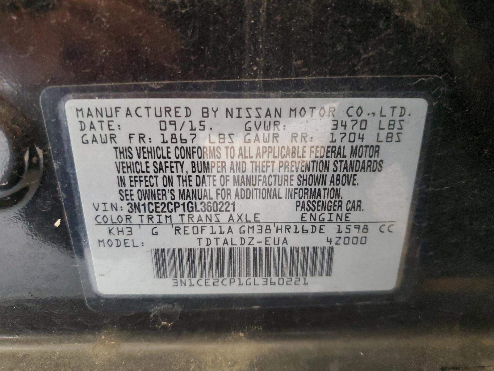 3N1CE2CP1GL360221 2016 Nissan Versa Note S