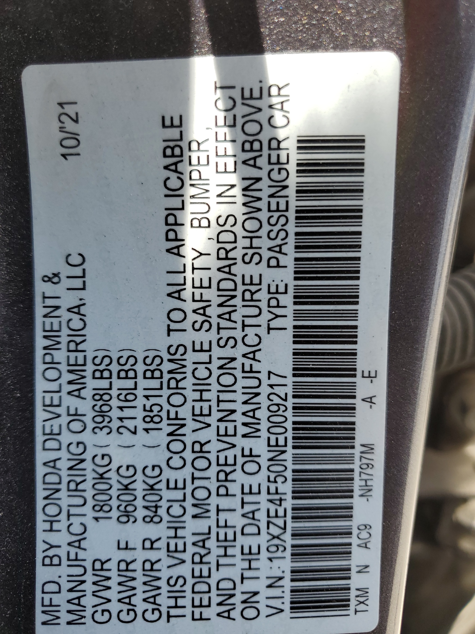 19XZE4F50NE009217 2022 Honda Insight Ex