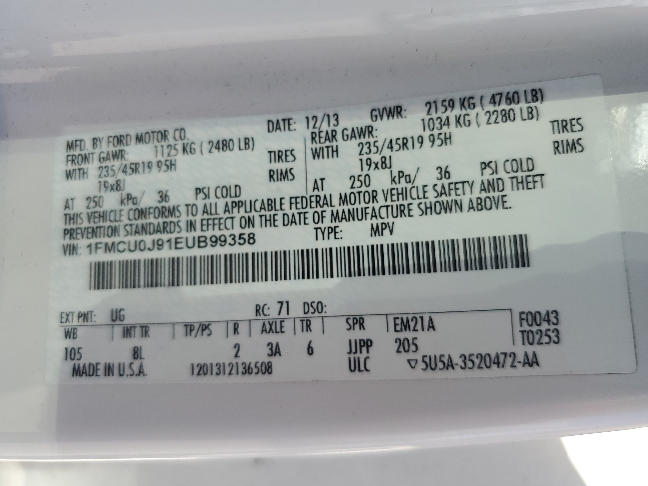 1FMCU0J91EUB99358 2014 Ford Escape Titanium