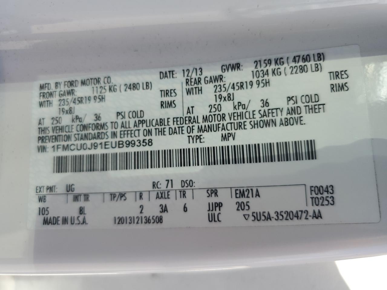 2014 Ford Escape Titanium VIN: 1FMCU0J91EUB99358 Lot: 56963664