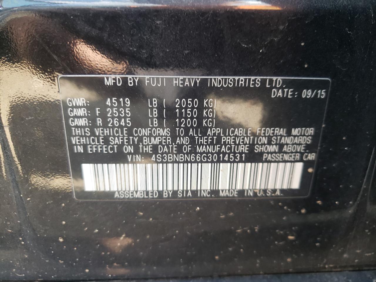 2016 Subaru Legacy 2.5I Limited VIN: 4S3BNBN66G3014531 Lot: 60080904