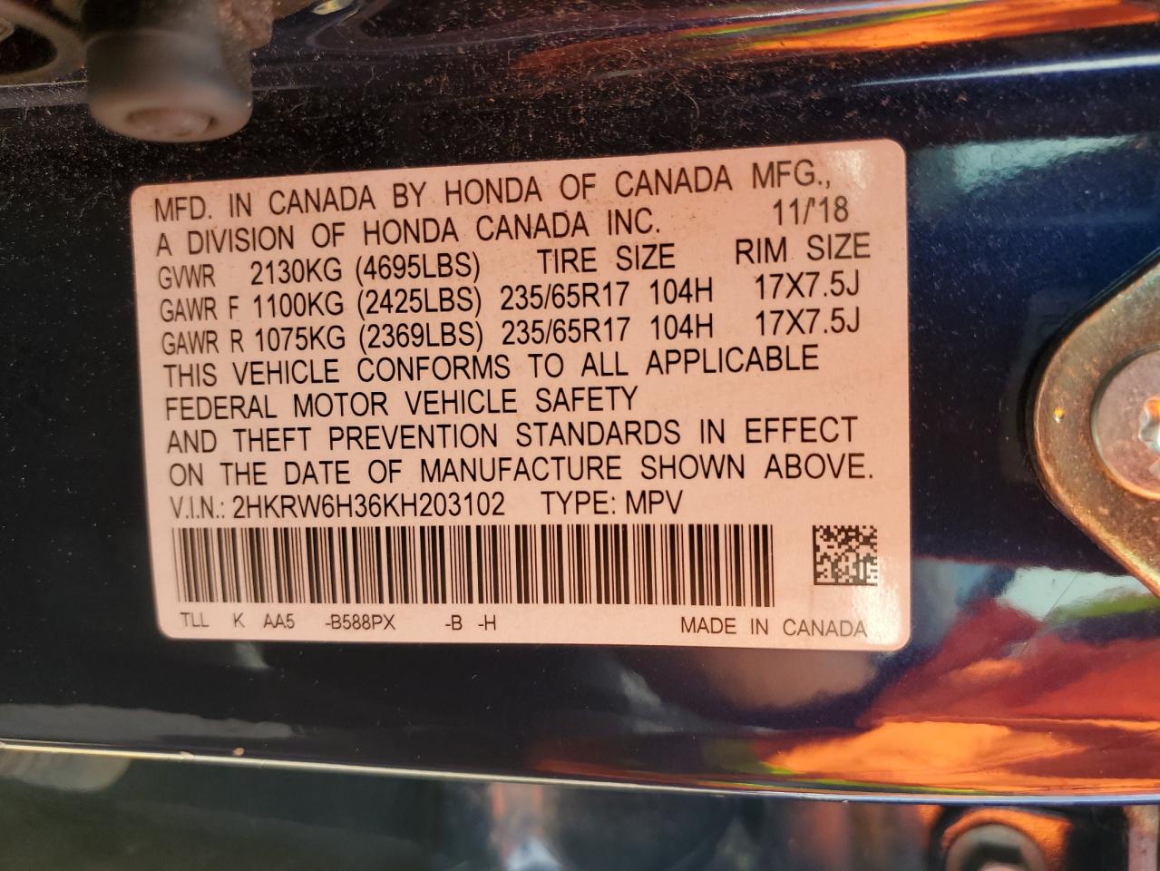 2019 Honda Cr-V Lx VIN: 2HKRW6H36KH203102 Lot: 56428514