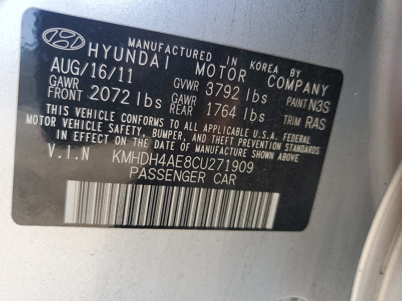 KMHDH4AE8CU271909 2012 Hyundai Elantra Gls