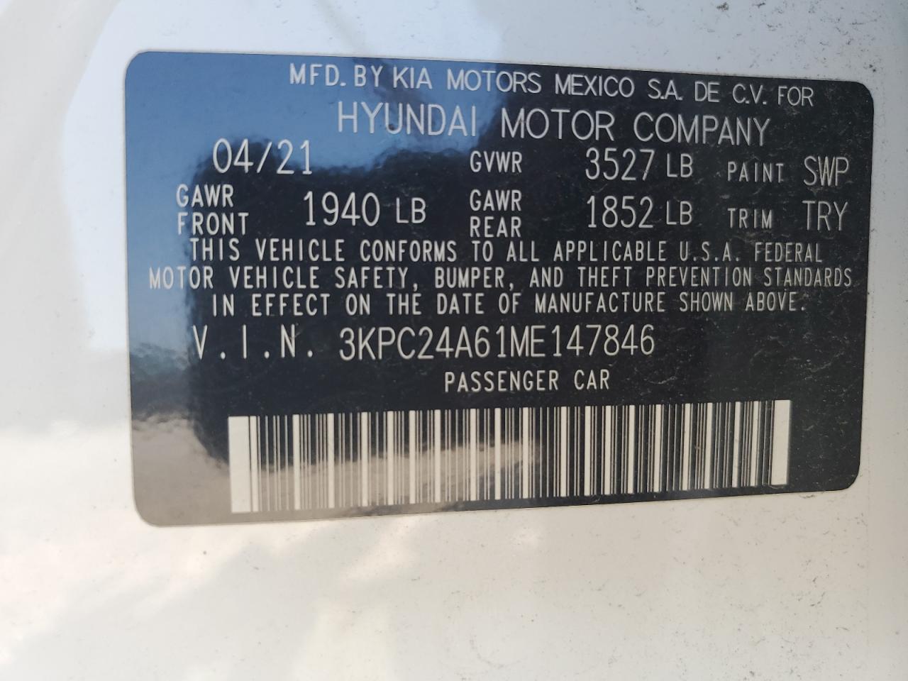 3KPC24A61ME147846 2021 Hyundai Accent Se