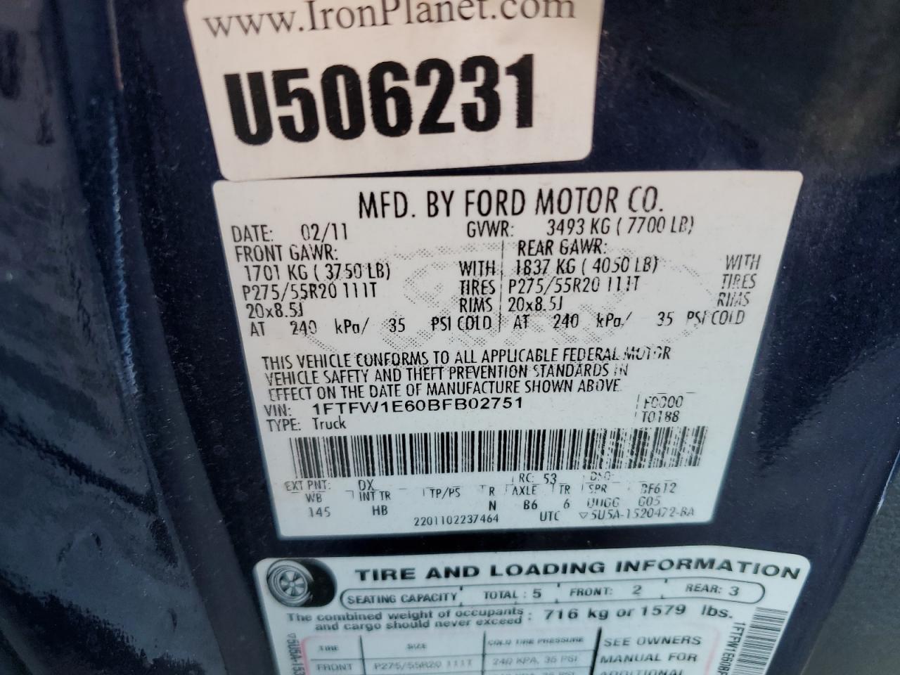 2011 Ford F150 Supercrew VIN: 1FTFW1E60BFB02751 Lot: 60612724