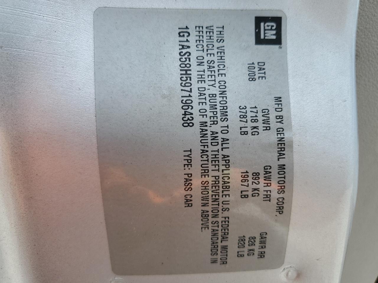 2009 Chevrolet Cobalt Ls VIN: 1G1AS58H597196438 Lot: 57665764