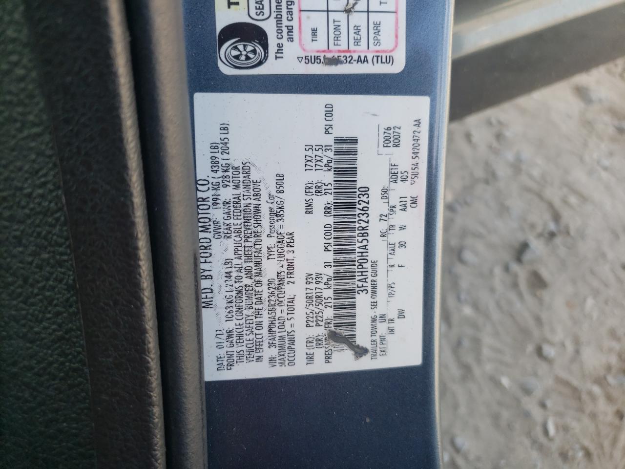 2011 Ford Fusion Se VIN: 3FAHP0HA5BR236230 Lot: 60514634