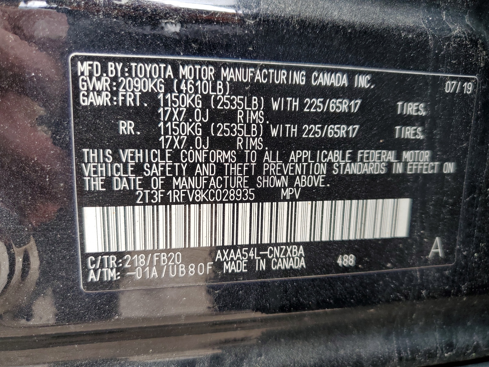 2T3F1RFV8KC028935 2019 Toyota Rav4 Le