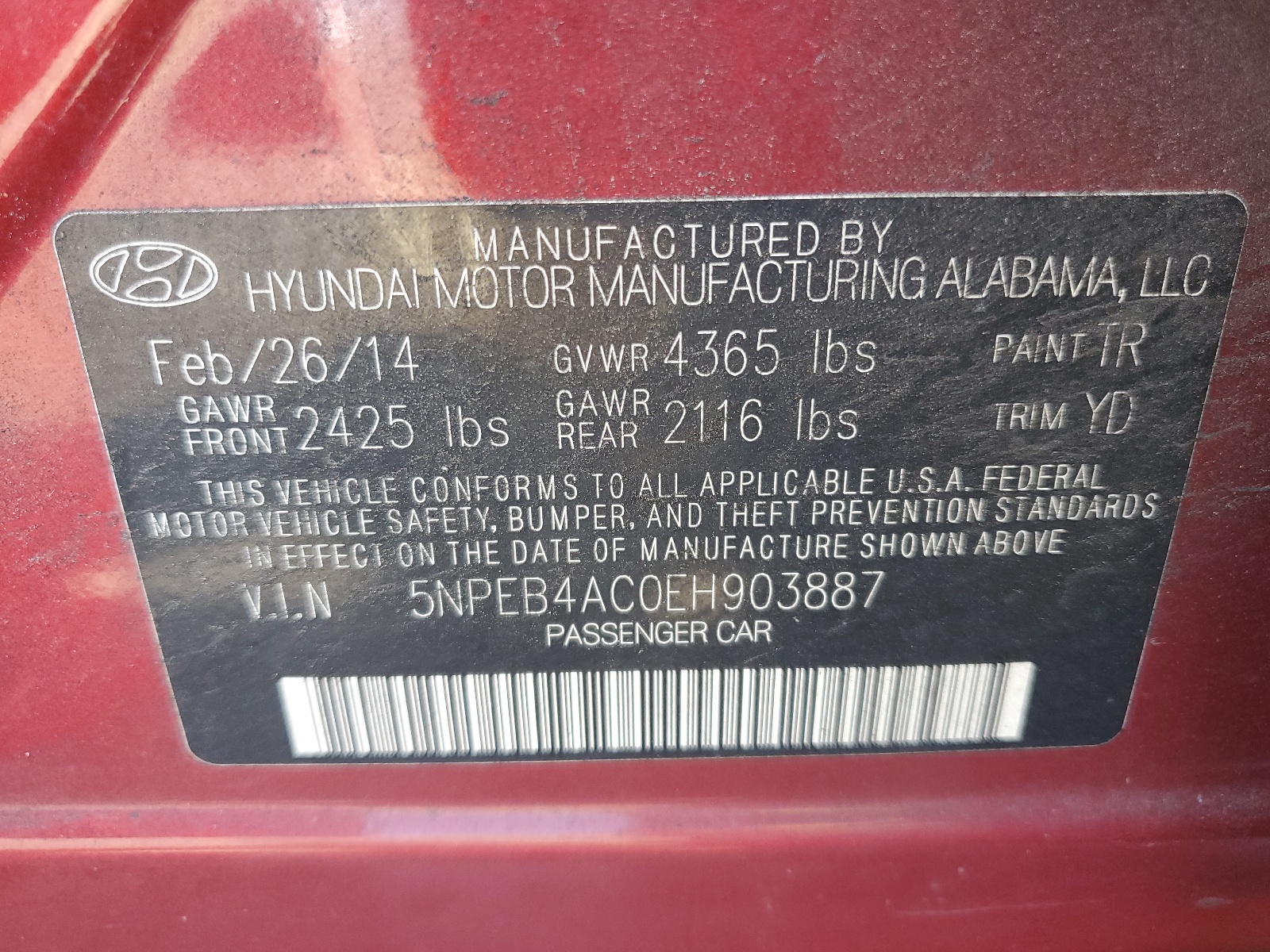 5NPEB4AC0EH903887 2014 Hyundai Sonata Gls