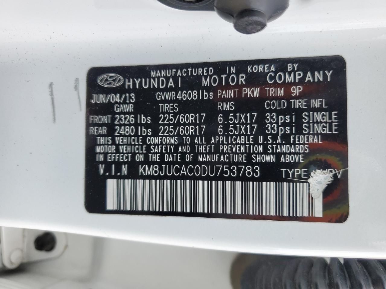 2013 Hyundai Tucson Gls VIN: KM8JUCAC0DU753783 Lot: 58318304