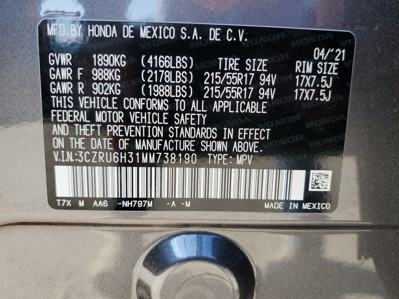 3CZRU6H31MM738190 2021 Honda Hr-V Lx