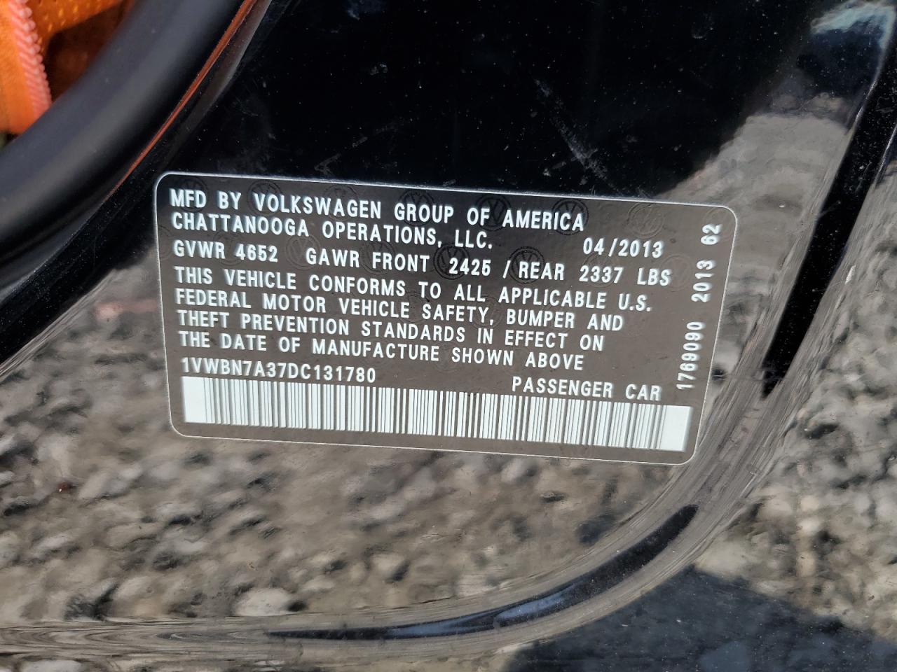 2013 Volkswagen Passat Se VIN: 1VWBN7A37DC131780 Lot: 60644554