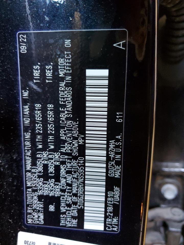 2022 Toyota Highlander Xle VIN: 5TDGZRBH7NS595140 Lot: 58865964