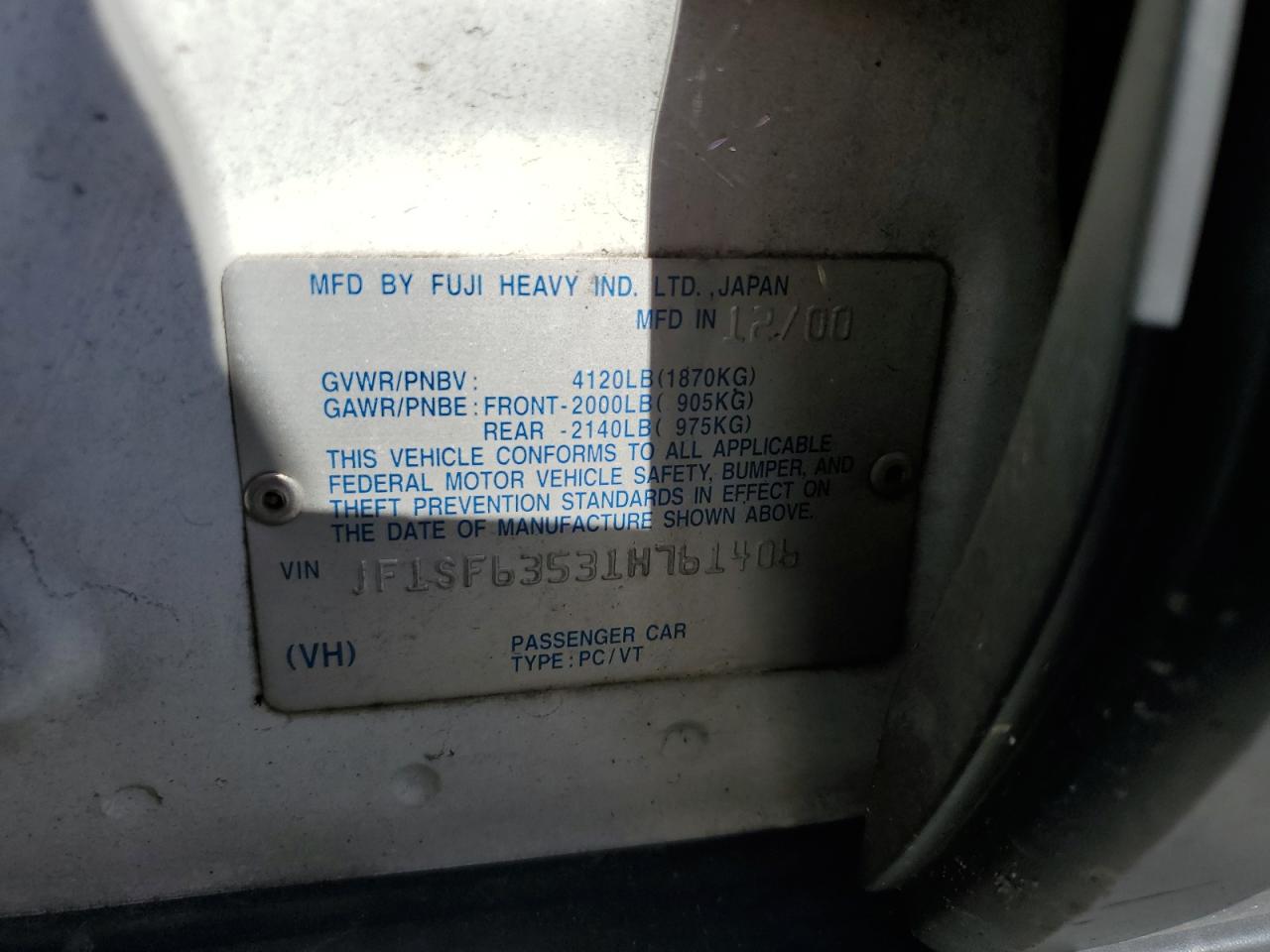 2001 Subaru Forester L VIN: JF1SF63531H761406 Lot: 60417334