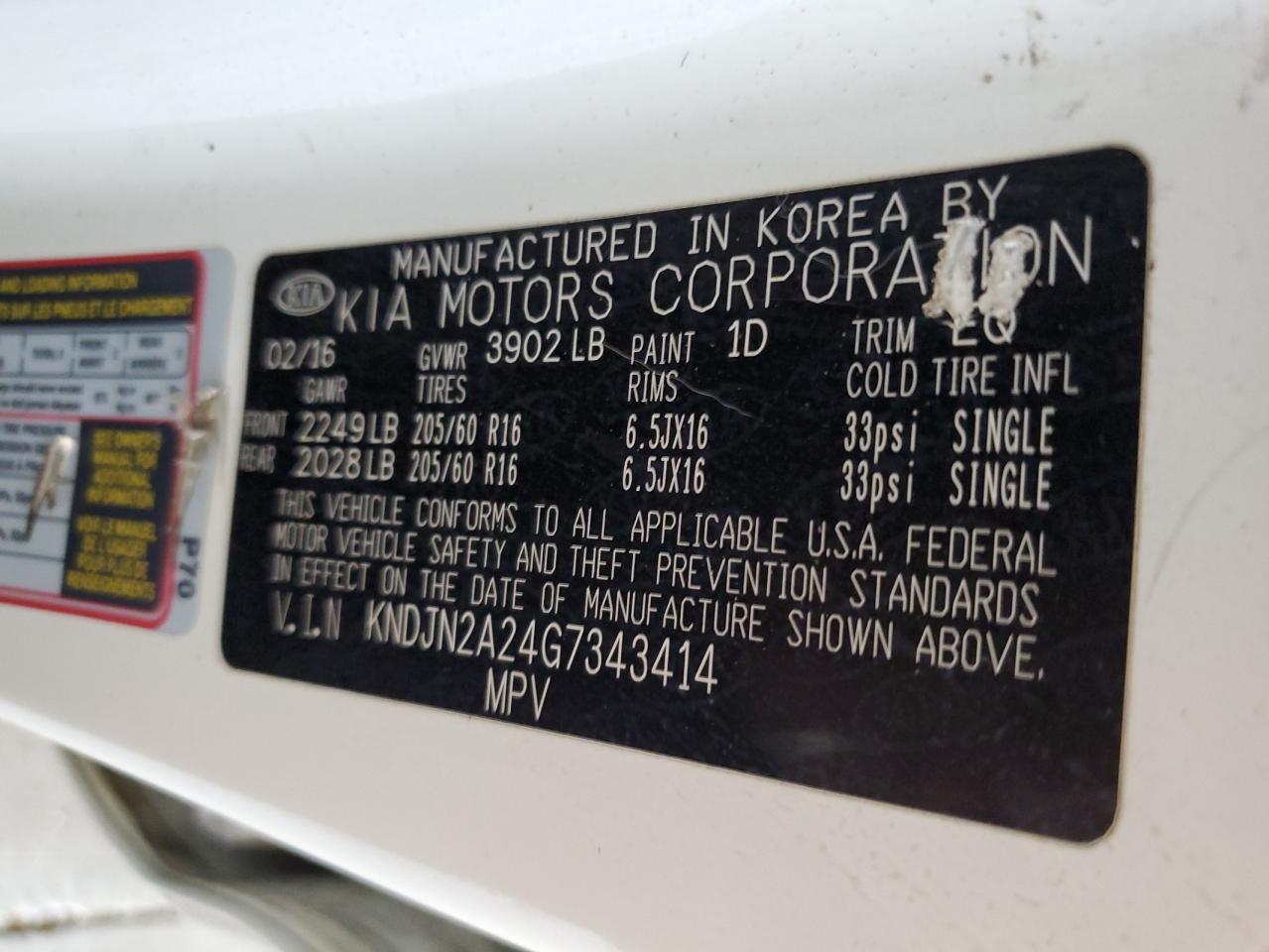 2016 Kia Soul VIN: KNDJN2A24G7343414 Lot: 60352144