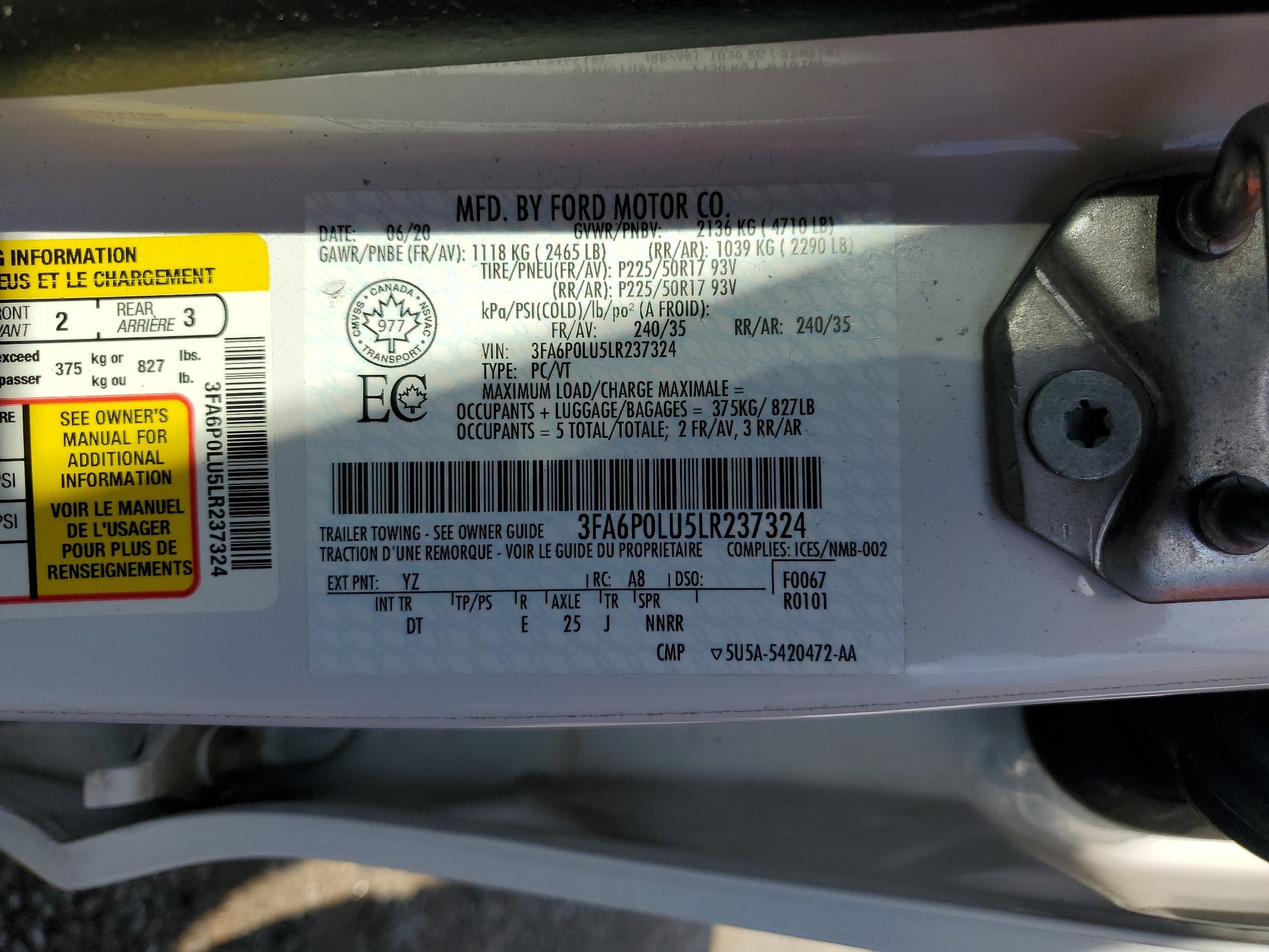 3FA6P0LU5LR237324 2020 Ford Fusion Se