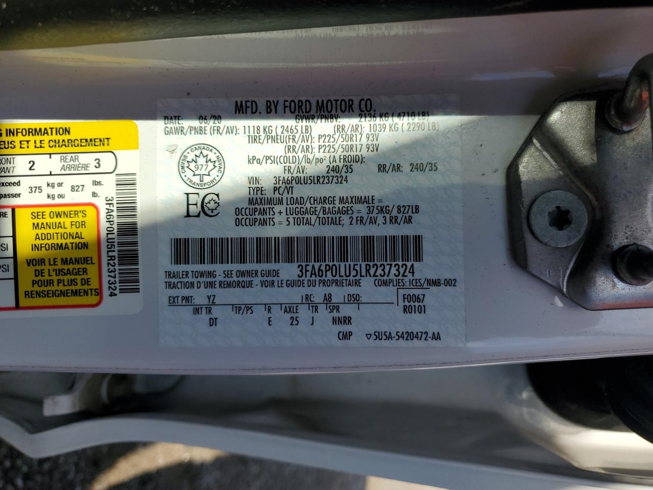 2020 Ford Fusion Se VIN: 3FA6P0LU5LR237324 Lot: 57762734