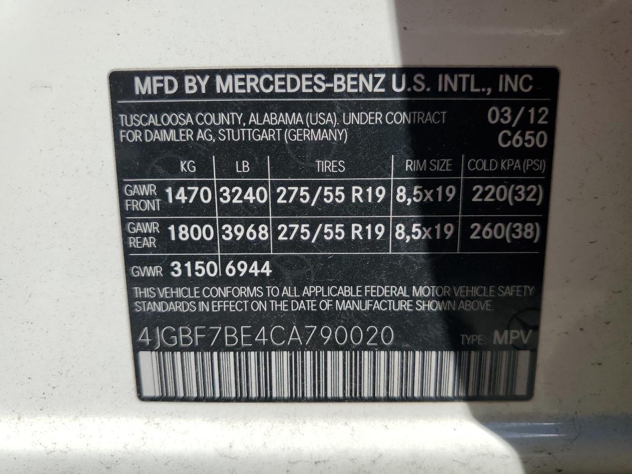 4JGBF7BE4CA790020 2012 Mercedes-Benz Gl 450 4Matic