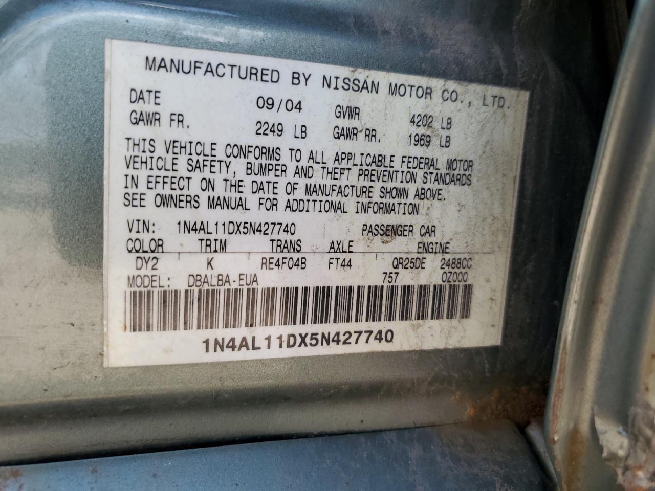 2005 Nissan Altima S VIN: 1N4AL11DX5N427740 Lot: 60340424