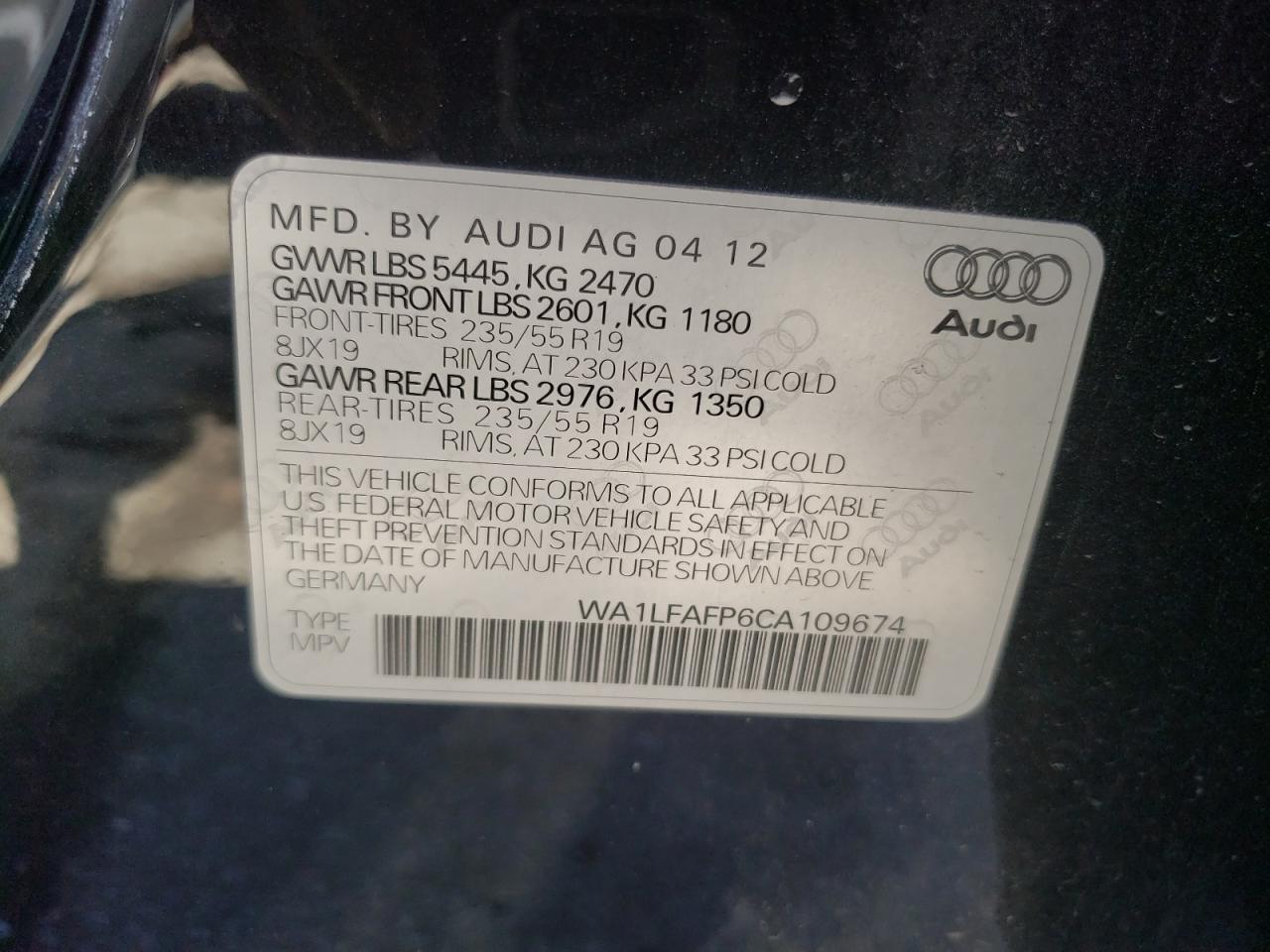 2012 Audi Q5 Premium Plus VIN: WA1LFAFP6CA109674 Lot: 60487414