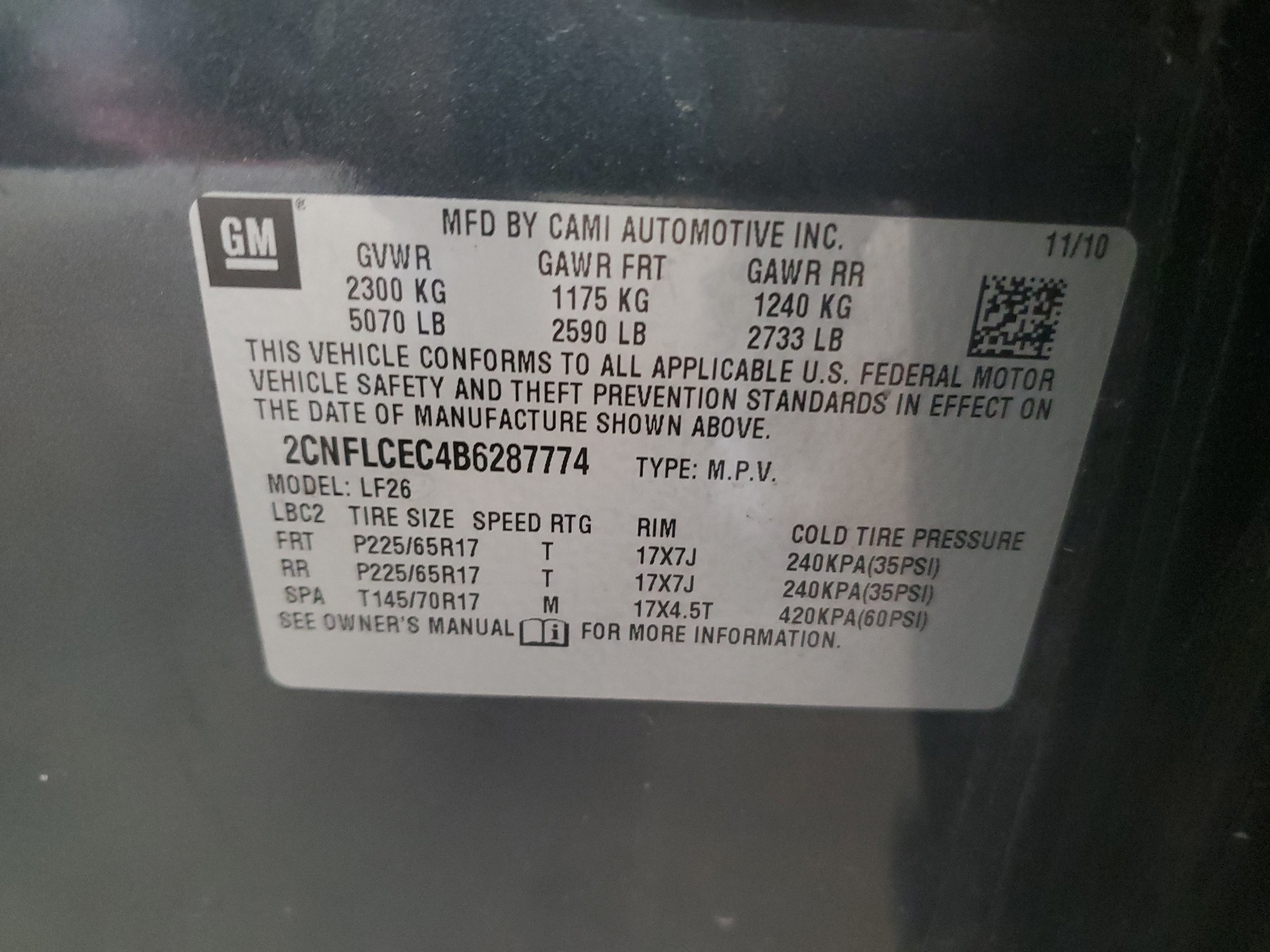 2CNFLCEC4B6287774 2011 Chevrolet Equinox Ls