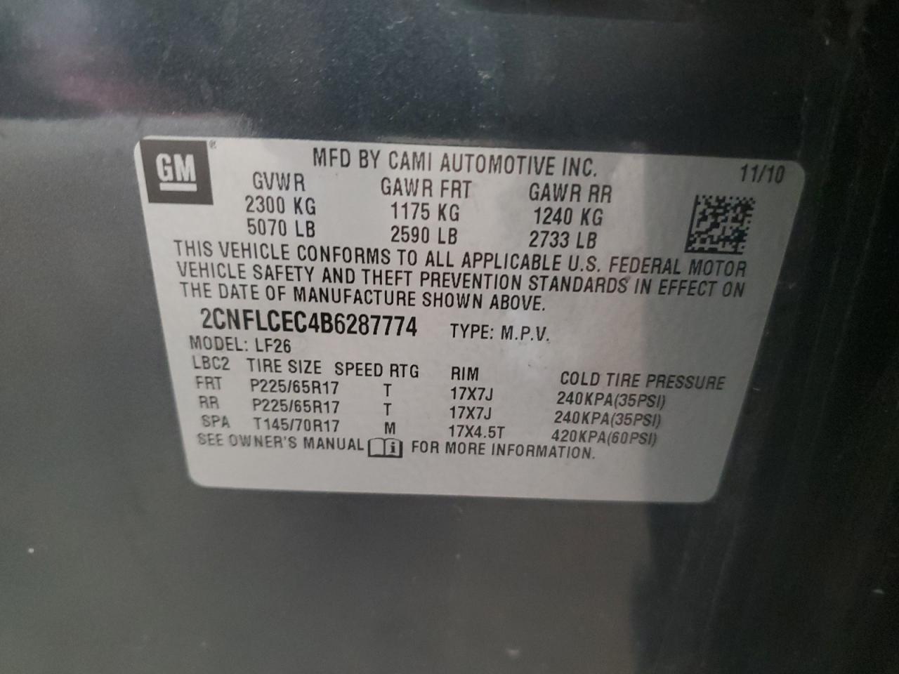 2011 Chevrolet Equinox Ls VIN: 2CNFLCEC4B6287774 Lot: 60735204