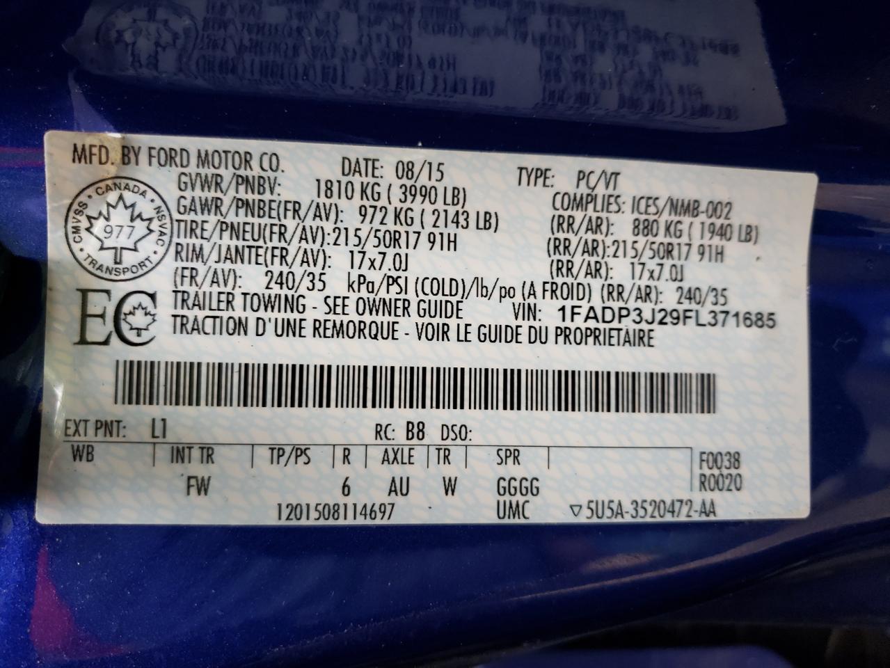 1FADP3J29FL371685 2015 Ford Focus Titanium