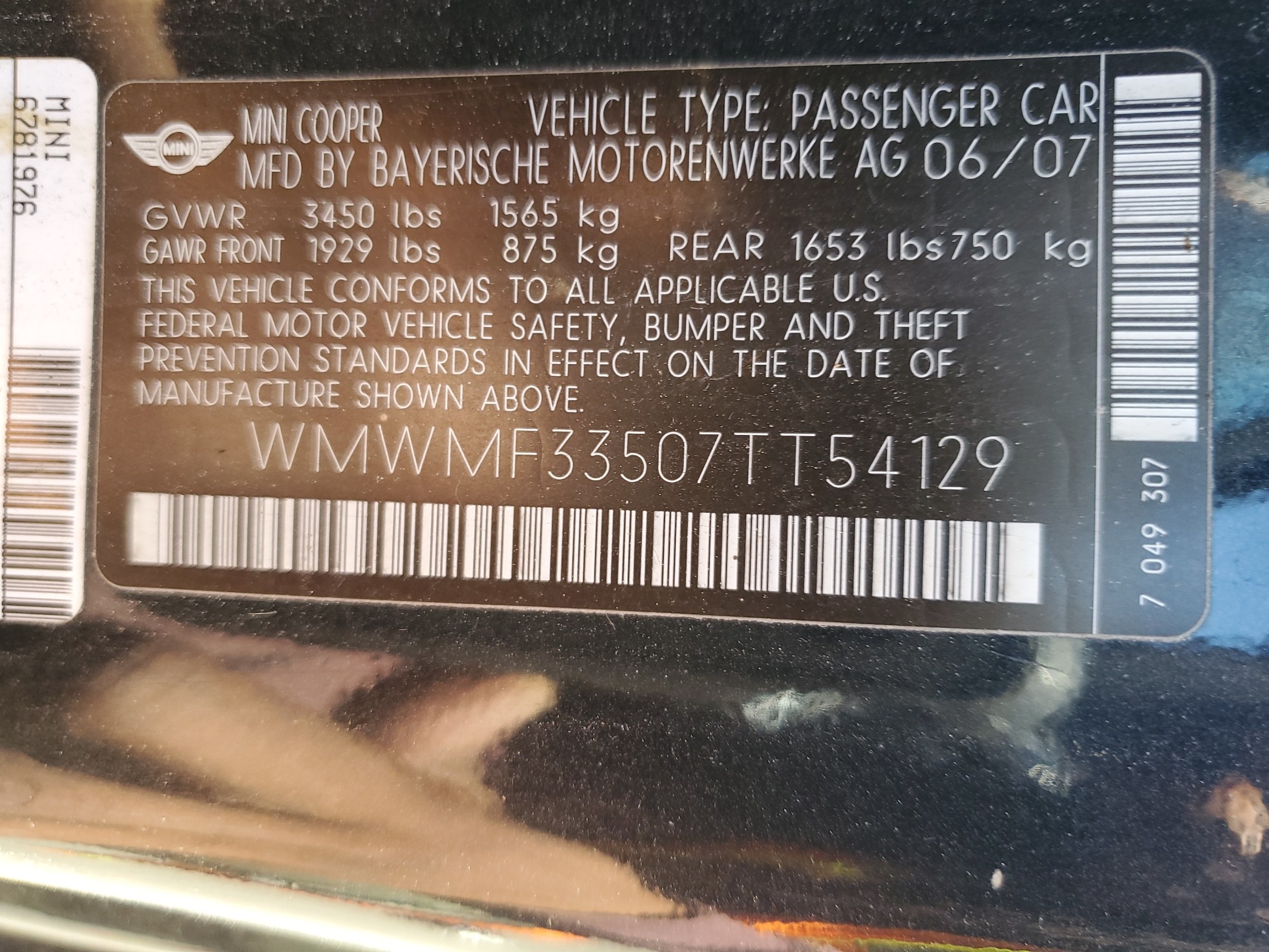 WMWMF33507TT54129 2007 Mini Cooper