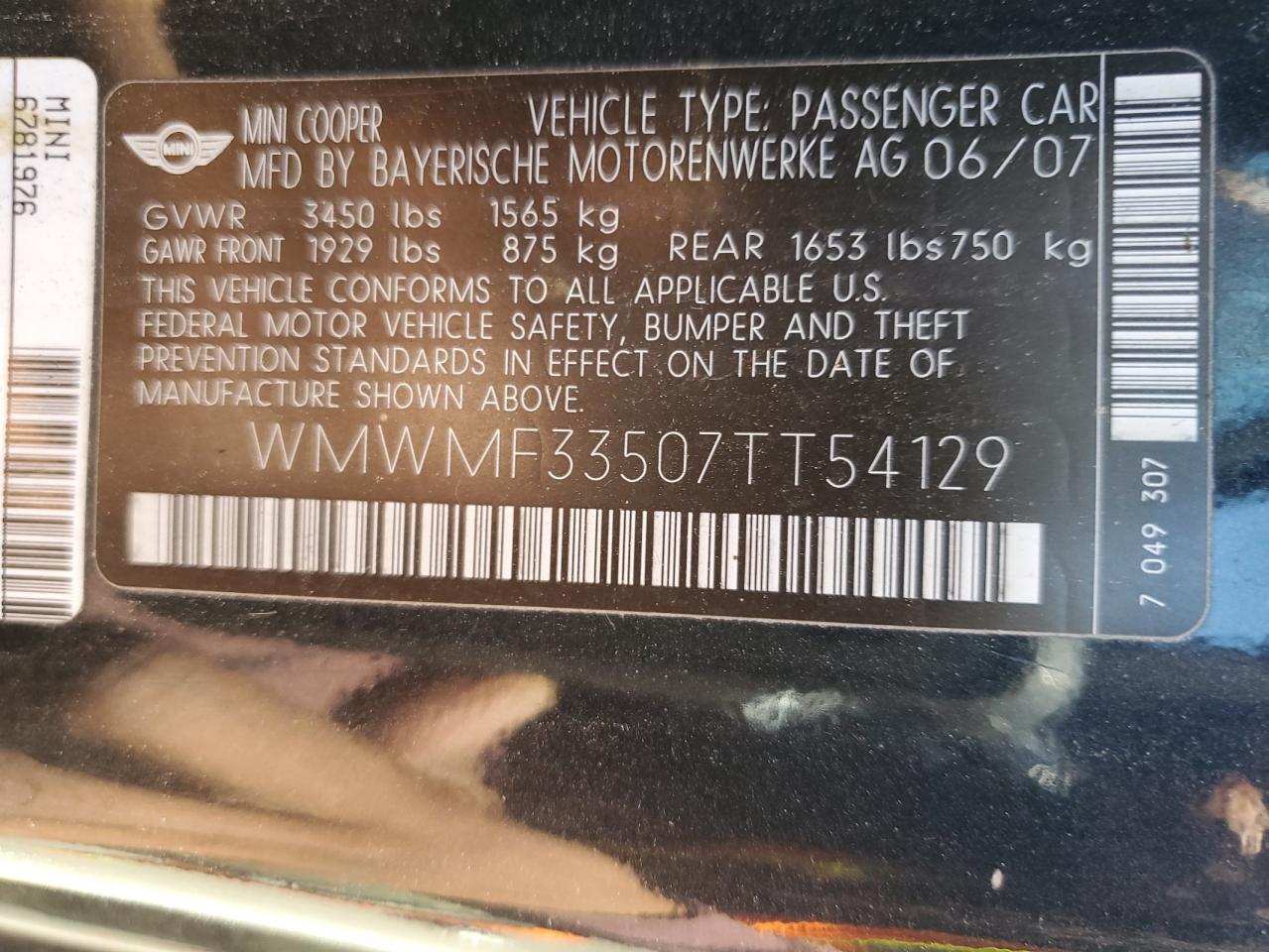 2007 Mini Cooper VIN: WMWMF33507TT54129 Lot: 58251774