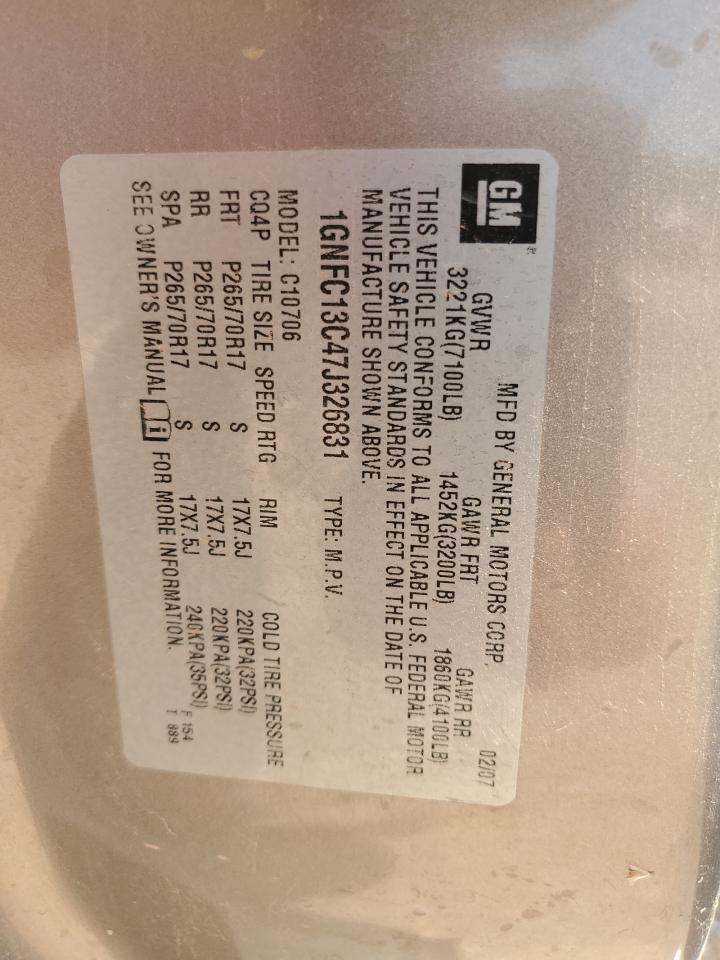 2007 Chevrolet Tahoe C1500 VIN: 1GNFC13C47J326831 Lot: 60485554