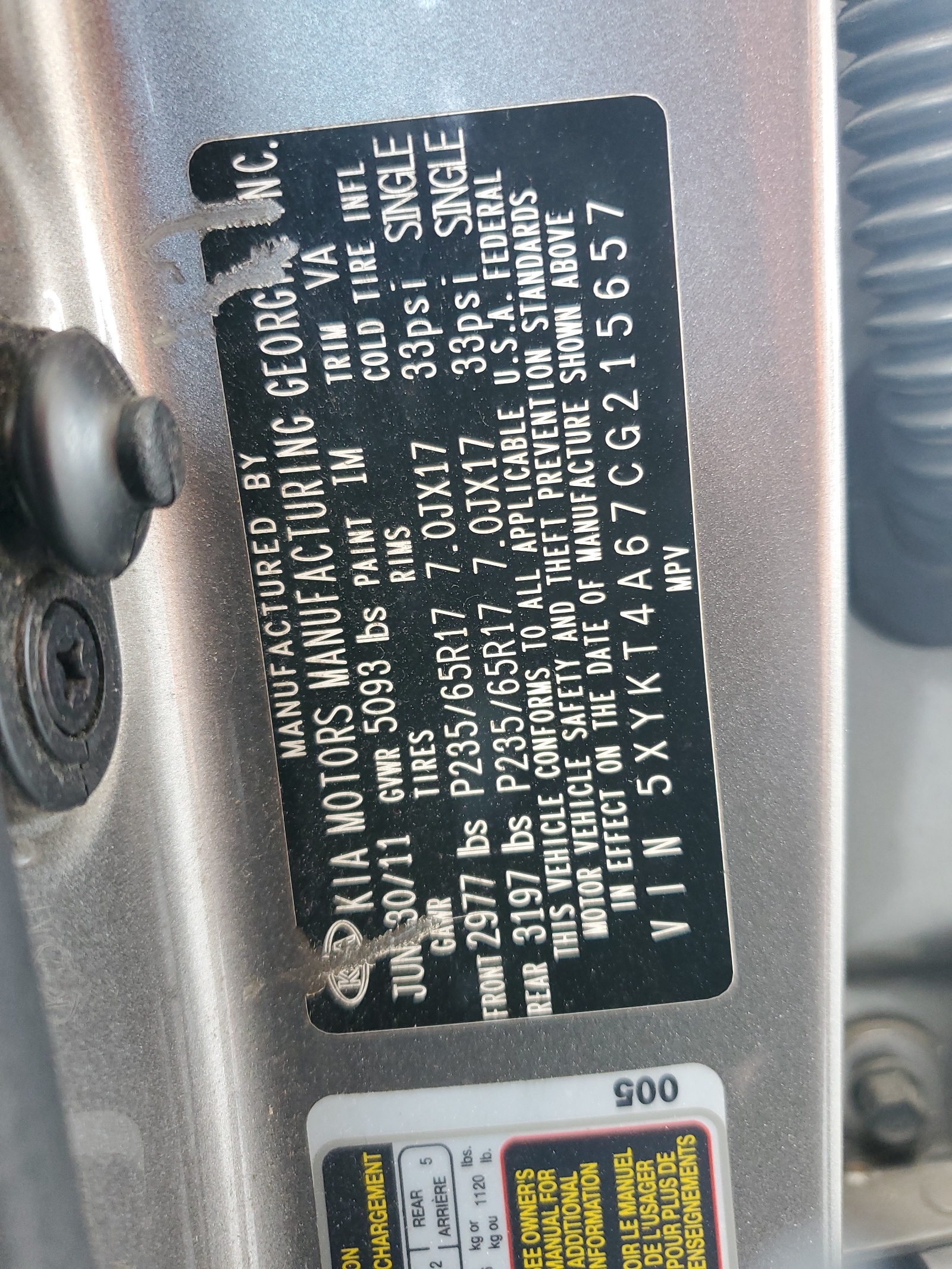 5XYKT4A67CG215657 2012 Kia Sorento Base